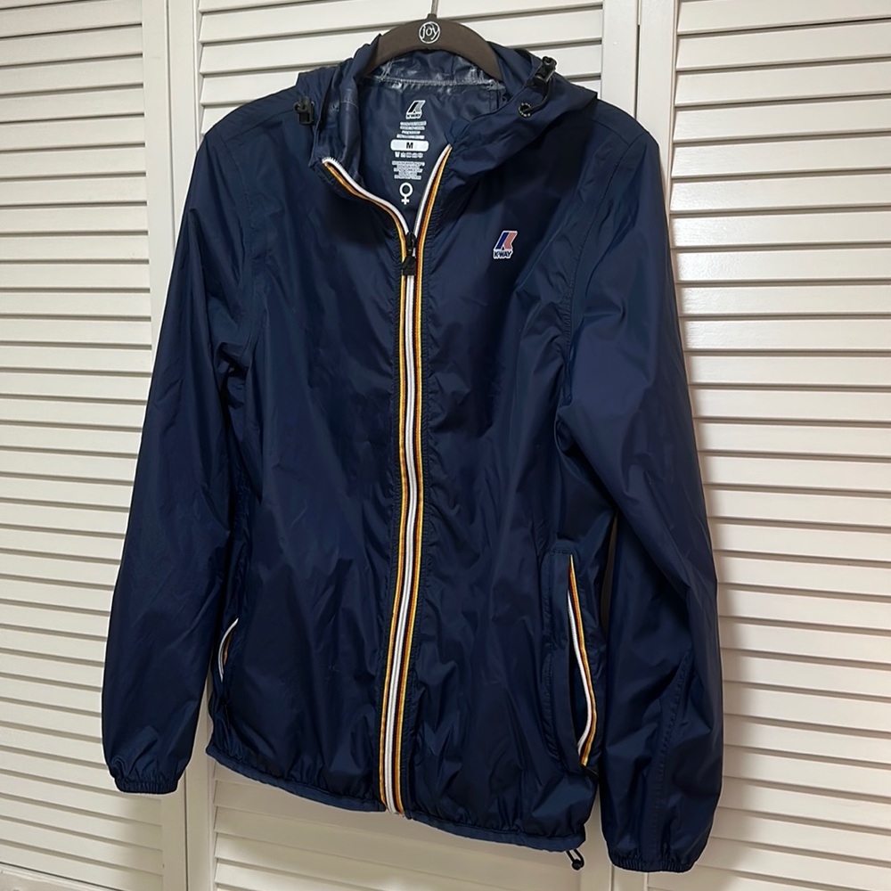 K Way rain jacket water resistant with hood! Like new, Size M, navy blue